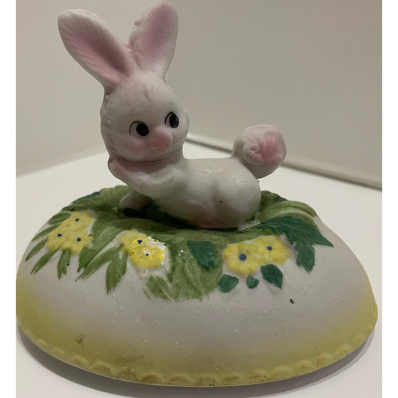 Vintage Pink Easter Bunny Rabbit On Egg Trinket Box Ceramic Porcelain - Picture 3 of 6